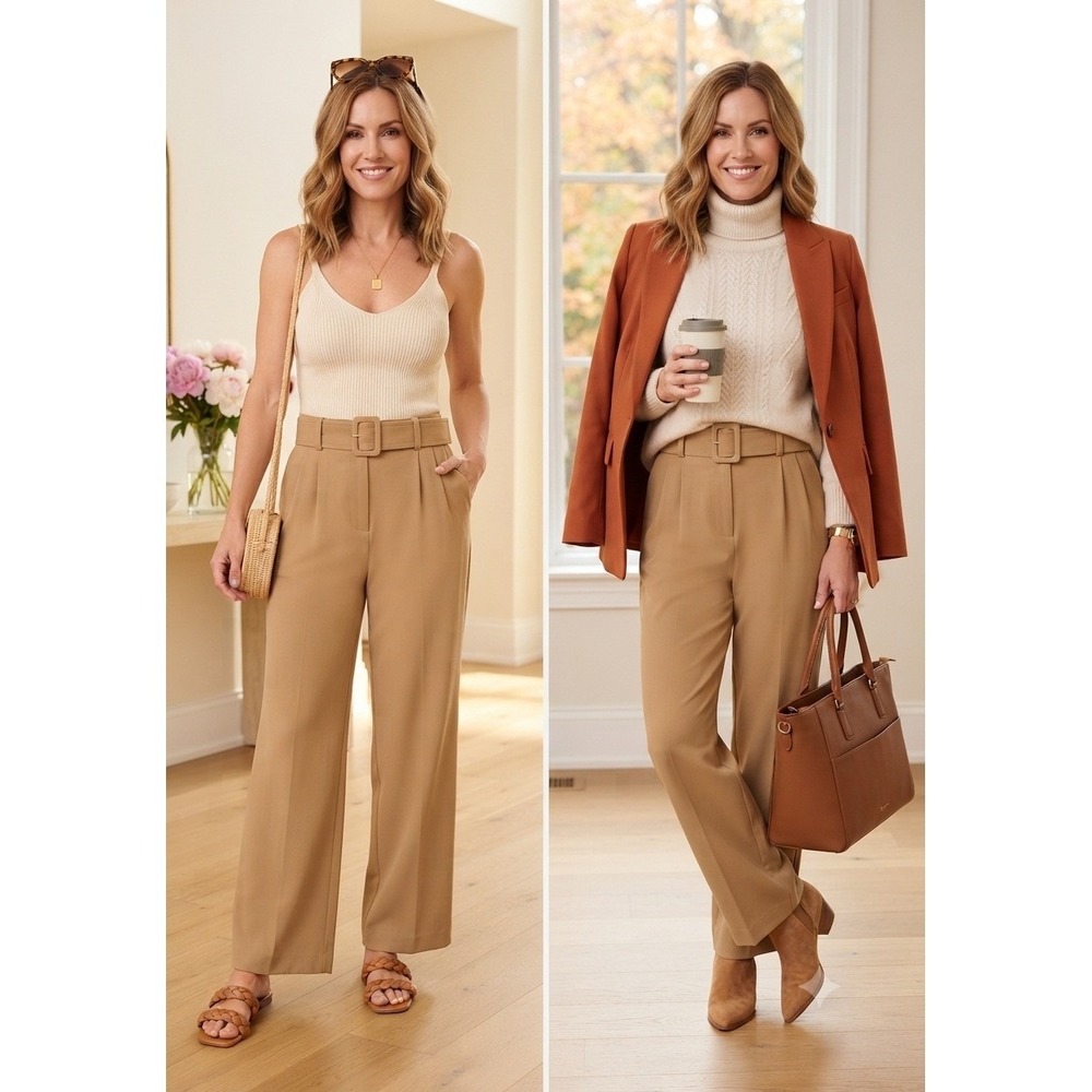 Express High Rise Wide Leg Belted Dress Pants Camel Tan 8R New